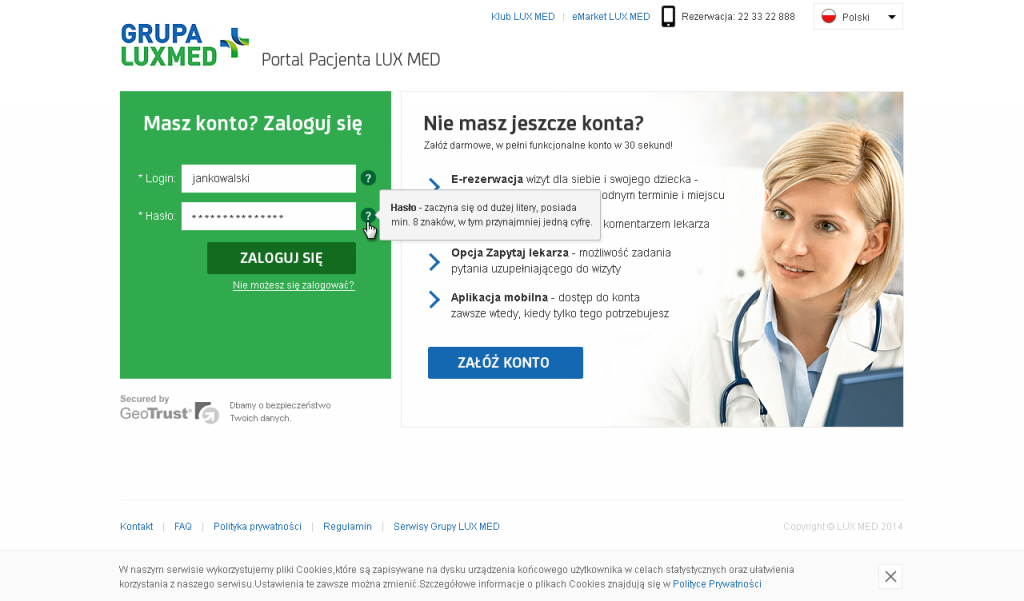 Grupa LUX MED: Portal Pacjenta - strona zakładania konta